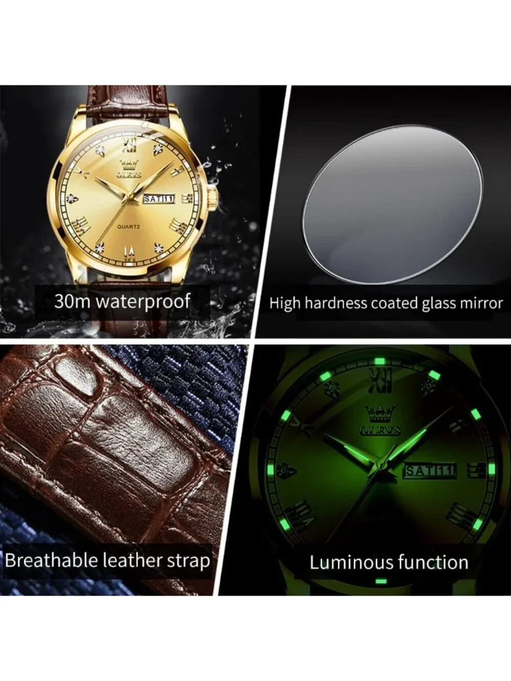 Men's Brown Gold Shell Gold Face Leather Band Quartz Waterproof Wrist Watch